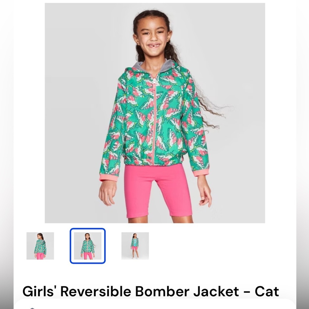 Cat & Jack Girls' Reversible Green and Pink Bomber Jacket